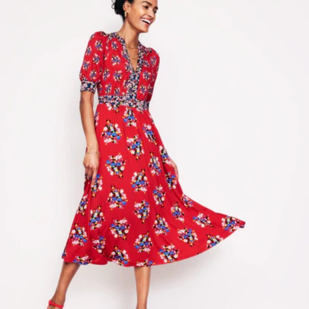 Boden Lily Jersey Midi Tea Dress, 14 R (red-orange) Bright Ruby, Poppy Bouquet